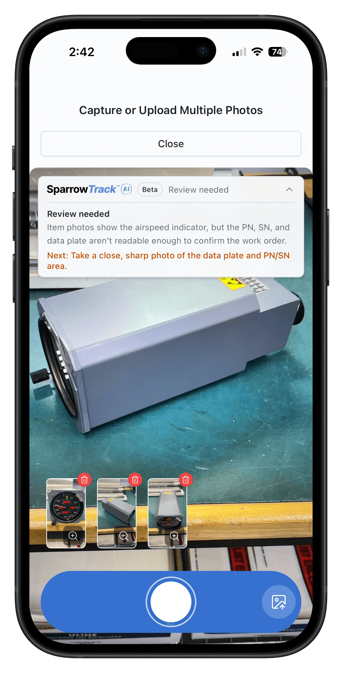SparrowTrack AI on iPhone guiding an operator to capture a clearer data plate photo