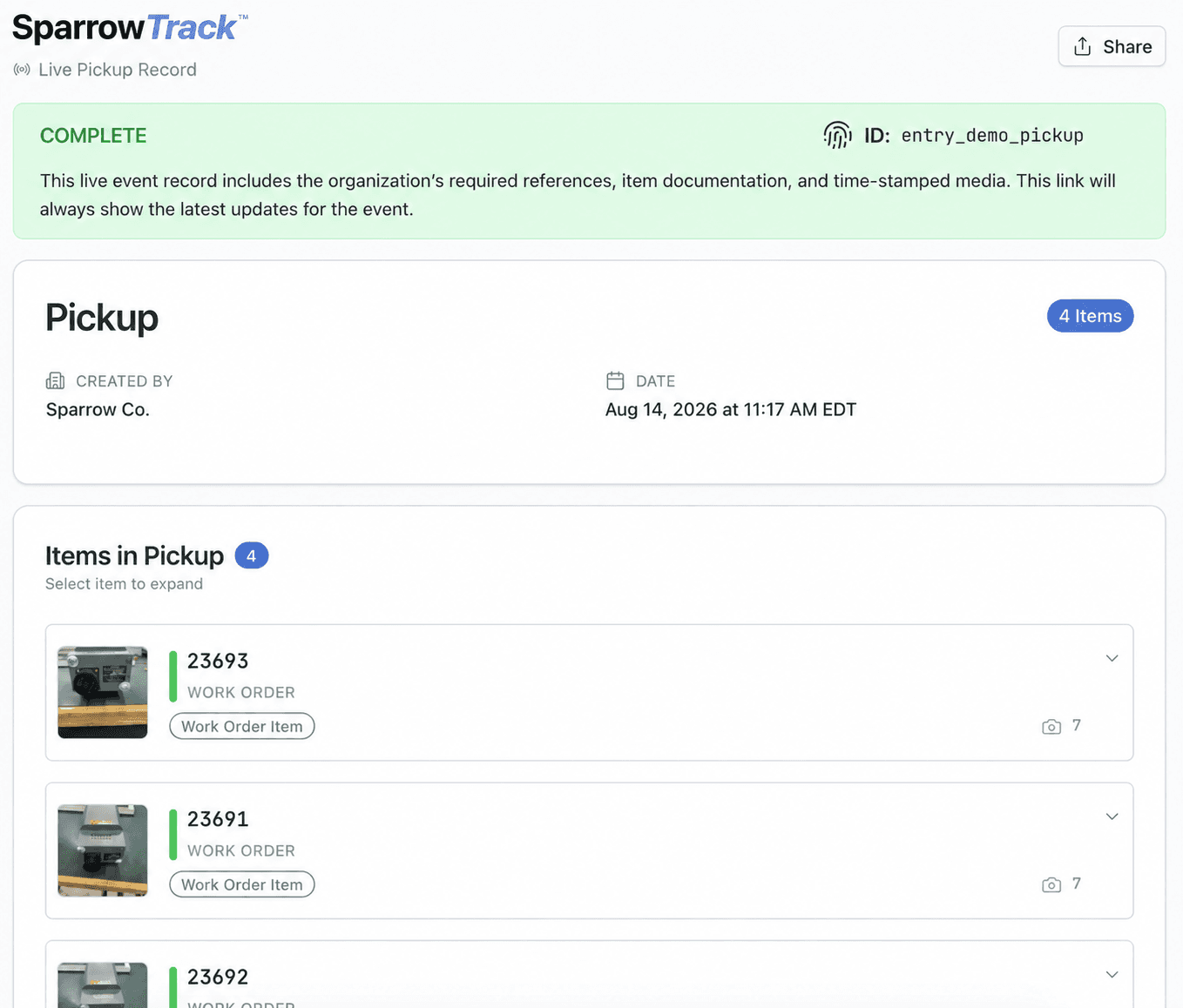 Example Sparrow Co. Live Pickup Record showing Complete status, four items, work-order references, and component photos