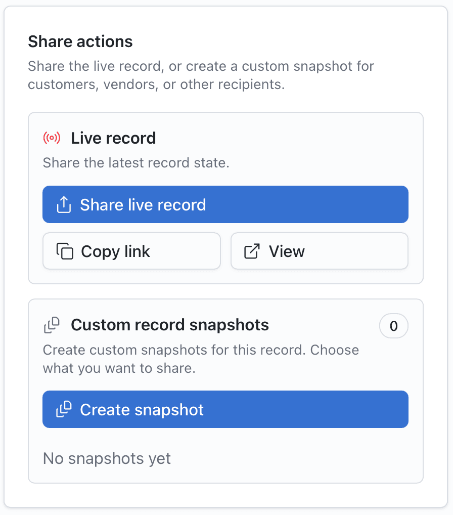 SparrowTrack sharing options: share or copy the current Live Record link, or create a custom record snapshot