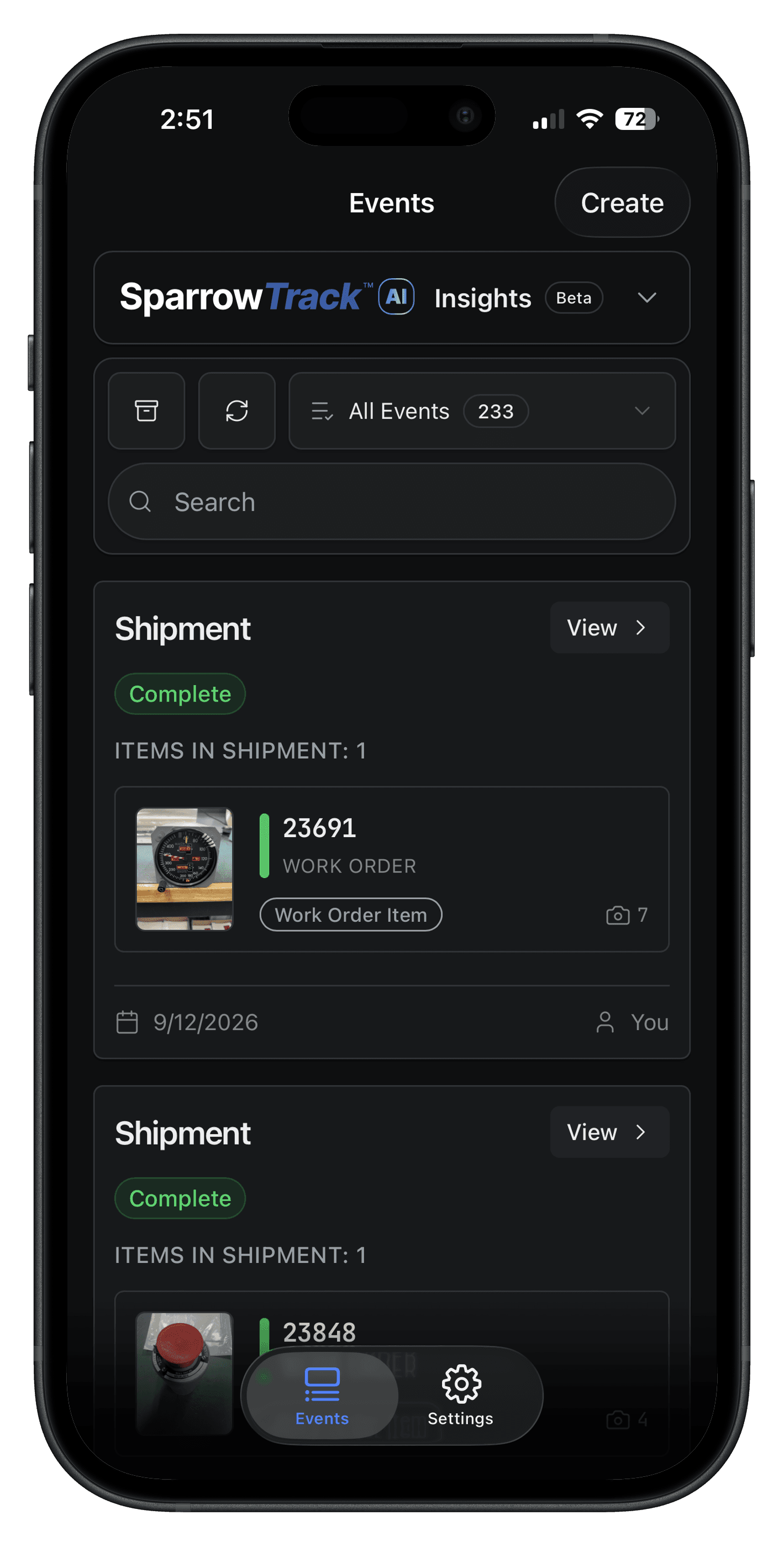 SparrowTrack events overview showing shipment items, work-order references, and completion status