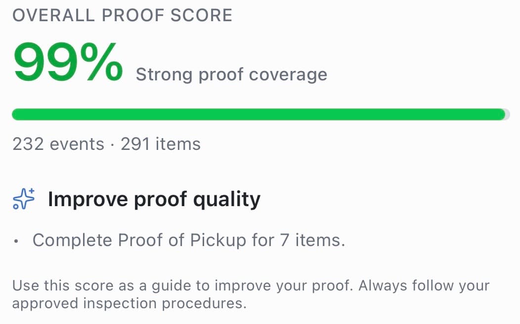 Example proof-quality summary recommending proof of pickup for seven items across the team's records.